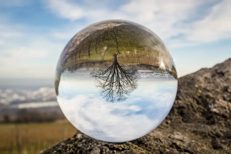 illustration montrant une boule inversant l'image d'un paysage, la terre, l'arbre sont en haut, le ciel en bas