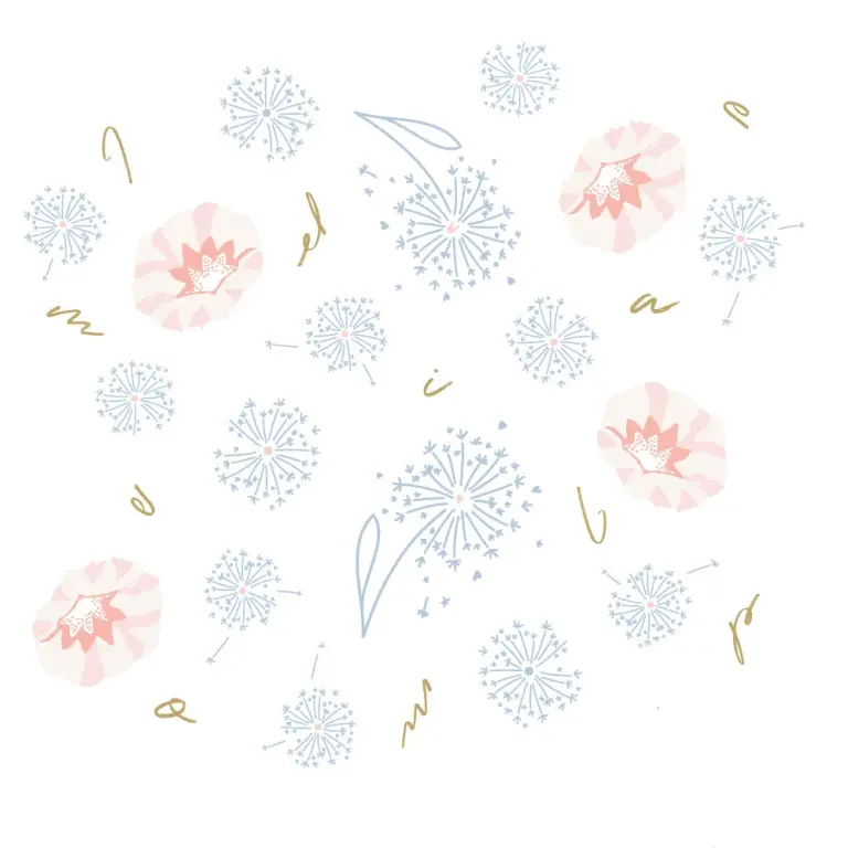 Illustration, dessin montrant des ipomée, des fleurs avec des lettres